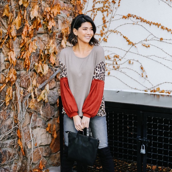 Wild Side Leopard Color-block Waffle Knit Top - Picture 2 of 7